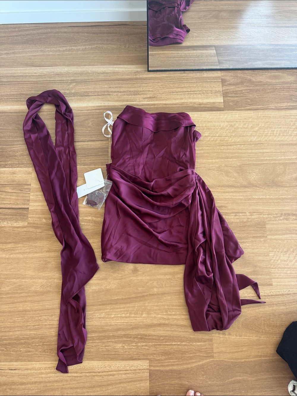 Silky Draped Burgundy Strapless Top with neck sash